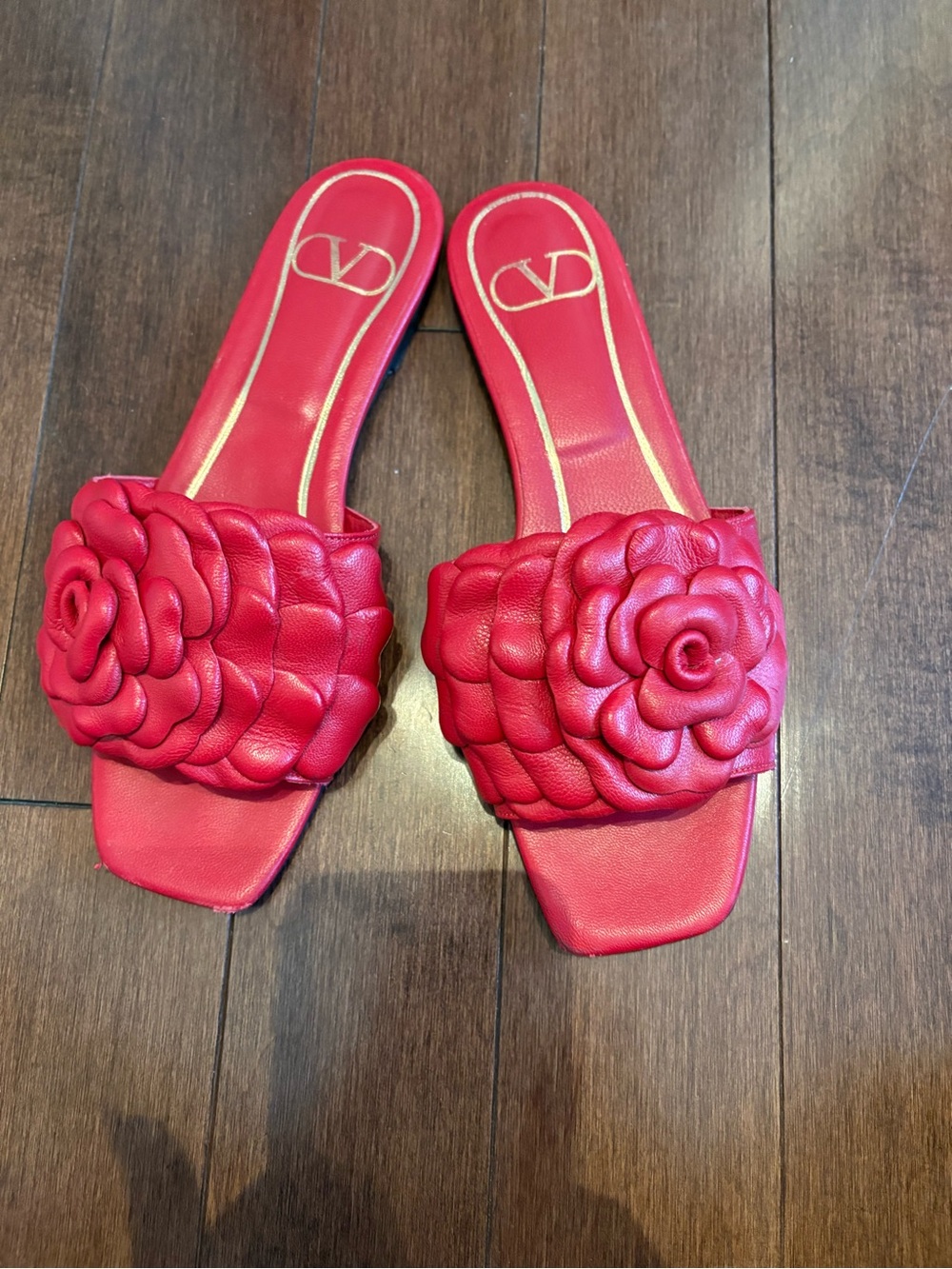 Valentino Red Leather Floral Slide Sandals